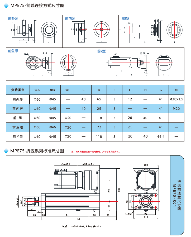 MPE75電動缸前端連接方式尺寸圖